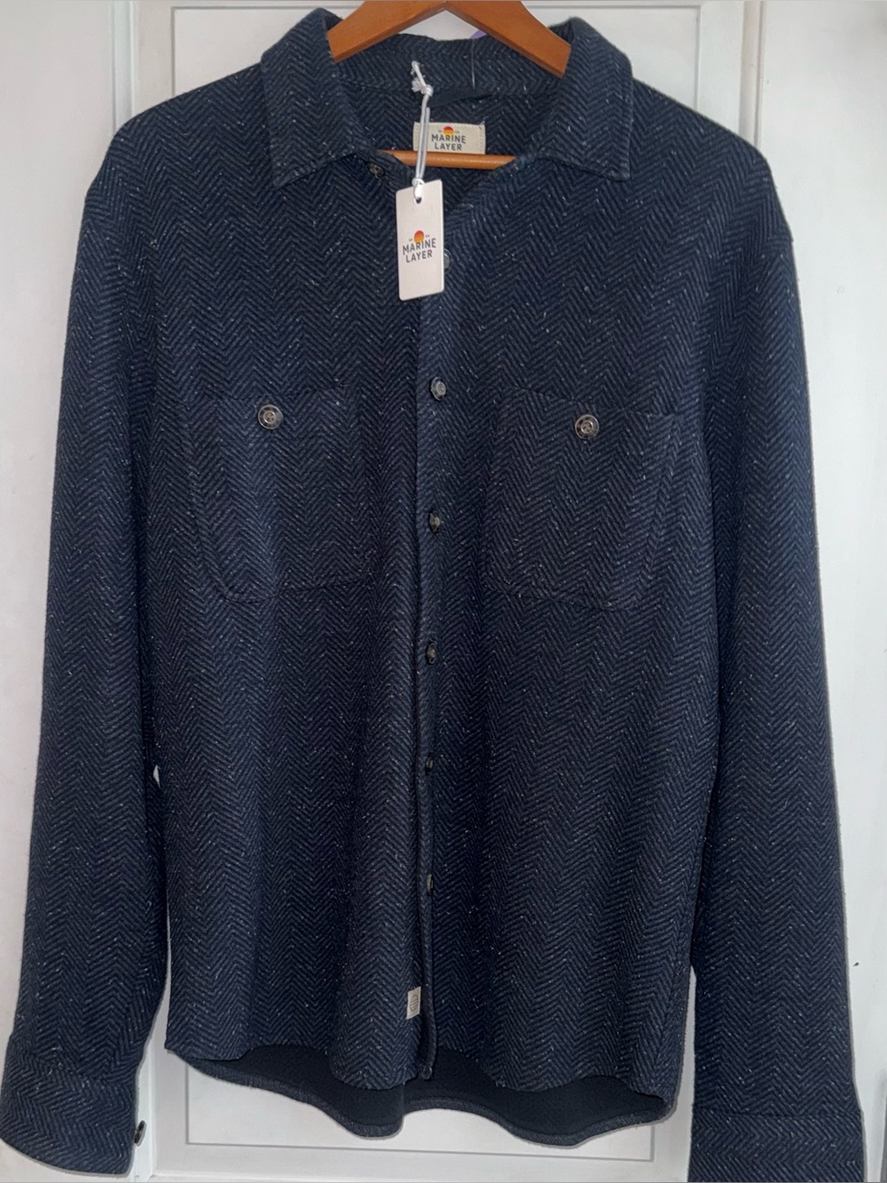 Marine Layer NWT Pacifica Stretch Twill Button-Down Shirt in “Dark Herringbone”